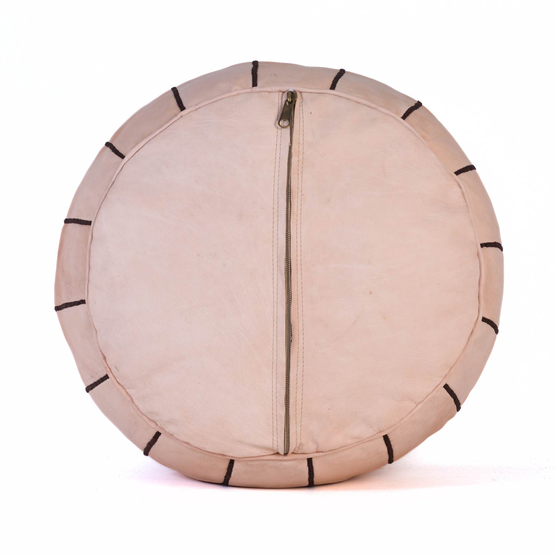 Hand-stitched Embroidery Genuine Leather Ottoman Pouf - Tan Natural