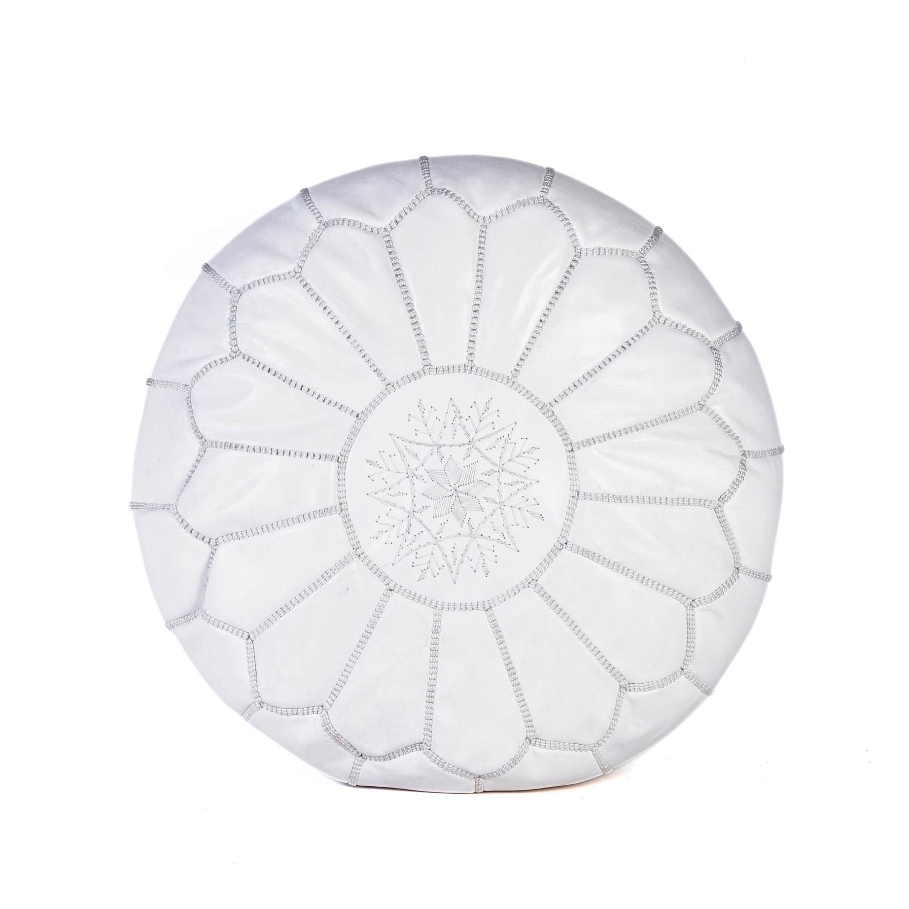 Hand-stitched Embroidery Genuine Leather Ottoman Pouf - White