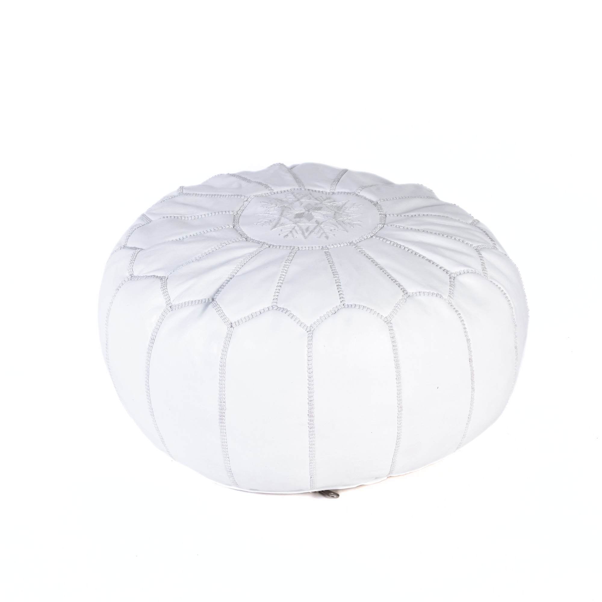 Hand-stitched Embroidery Genuine Leather Ottoman Pouf - White