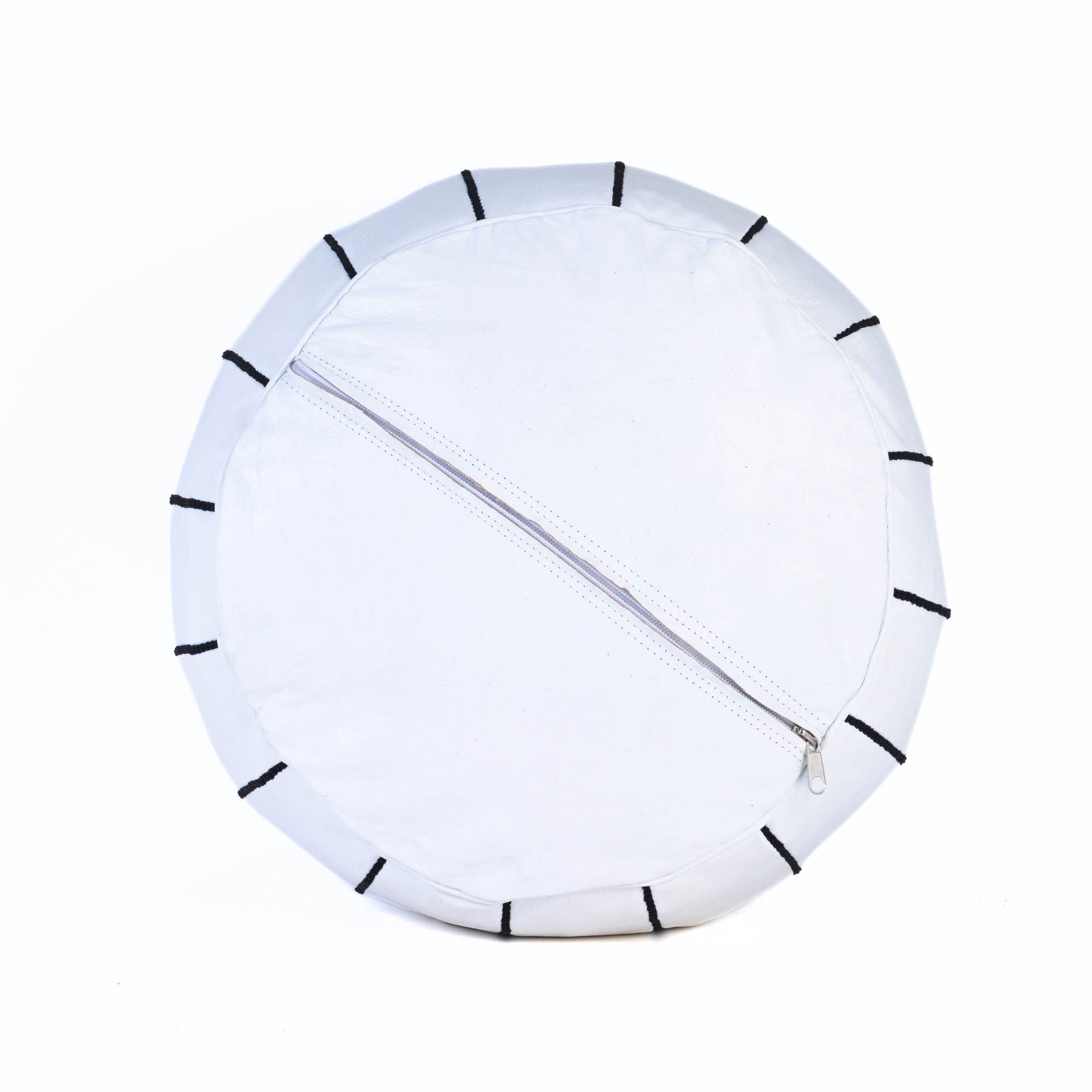 Hand-stitched Embroidery Genuine Leather Ottoman Pouf - White Black