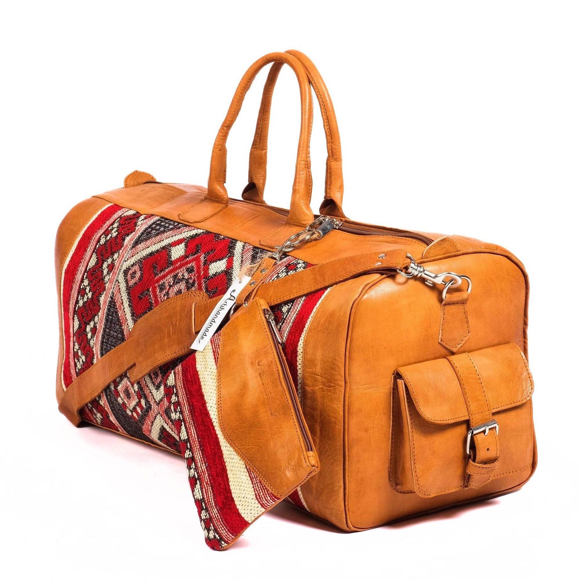 Leather Kilim Travel Bag With Wallet - Cognac And Almond Leather
