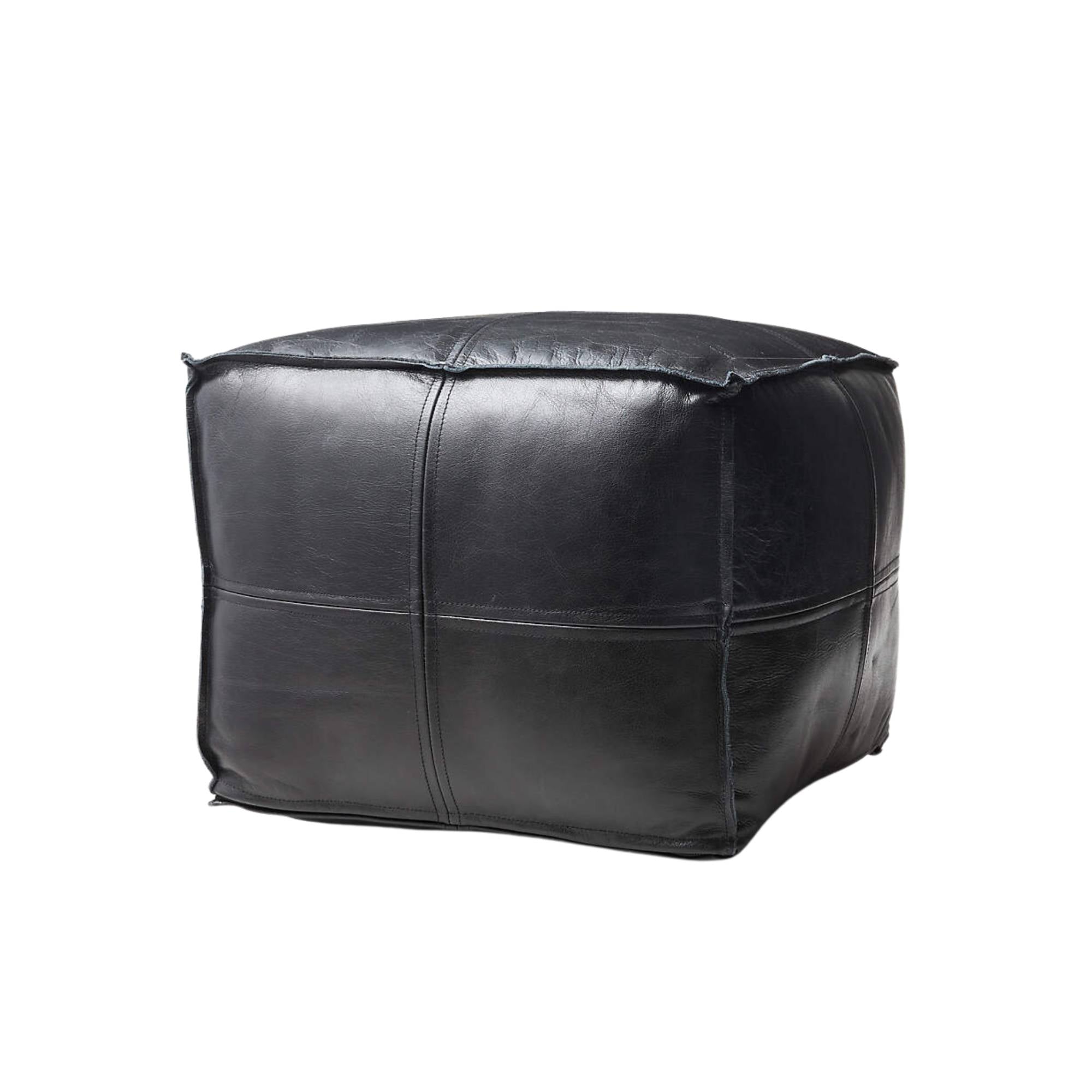 Premium Square Moroccan Black Leather Pouf