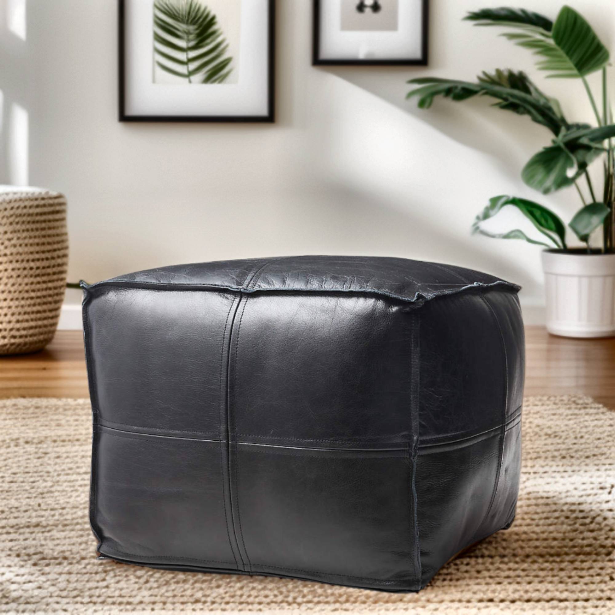 Premium Square Leather Pouf - Five Color Variations