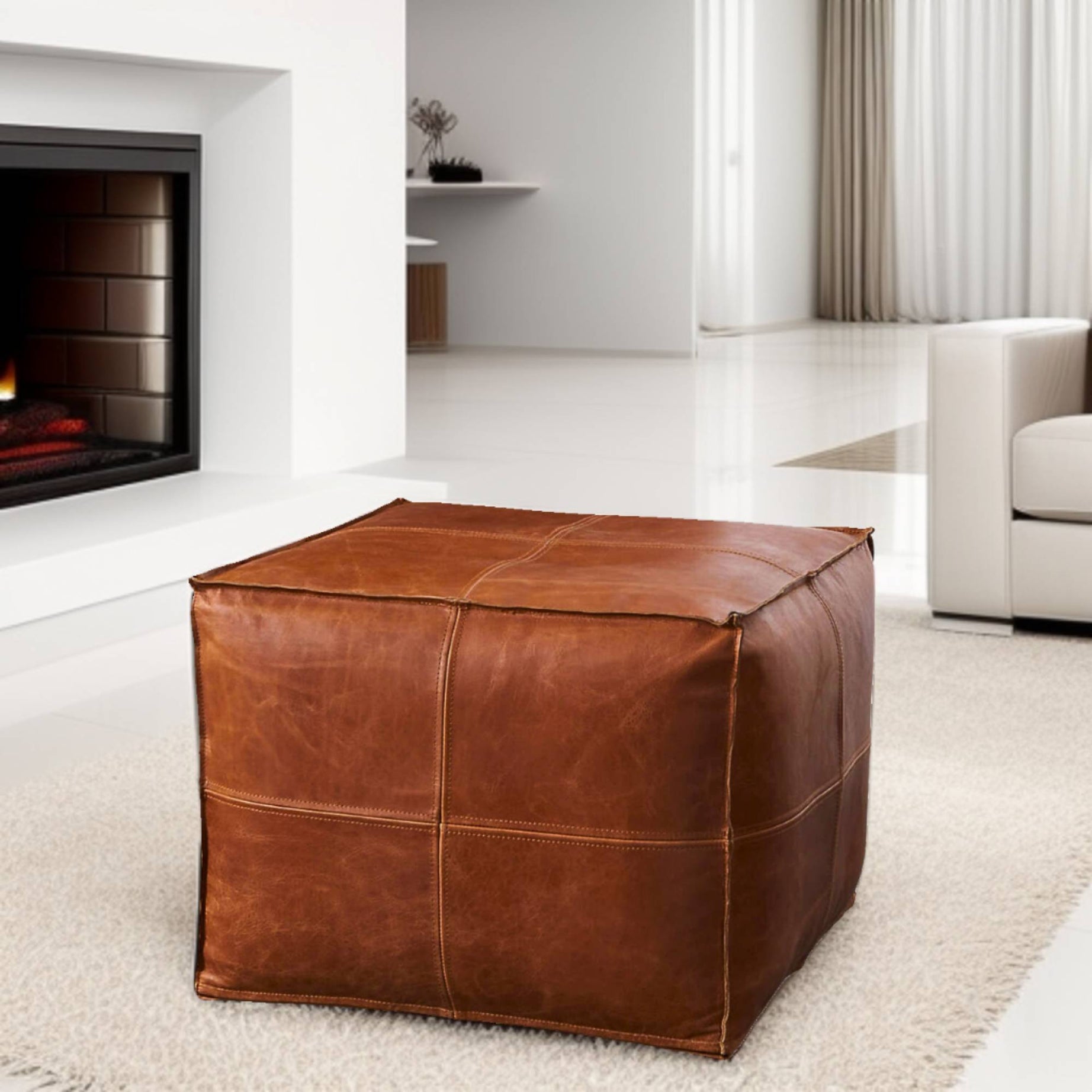 Premium Square Moroccan Brown Leather Pouf