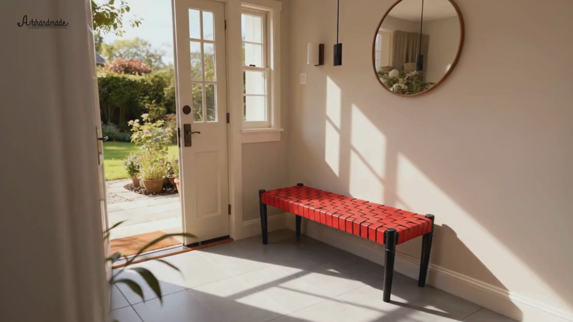 Artisan Crafted Olav Woven Red Leather Straps Bench, Teak Wood, Black Matte Finish | Modern End of Bed & Entryway Bench