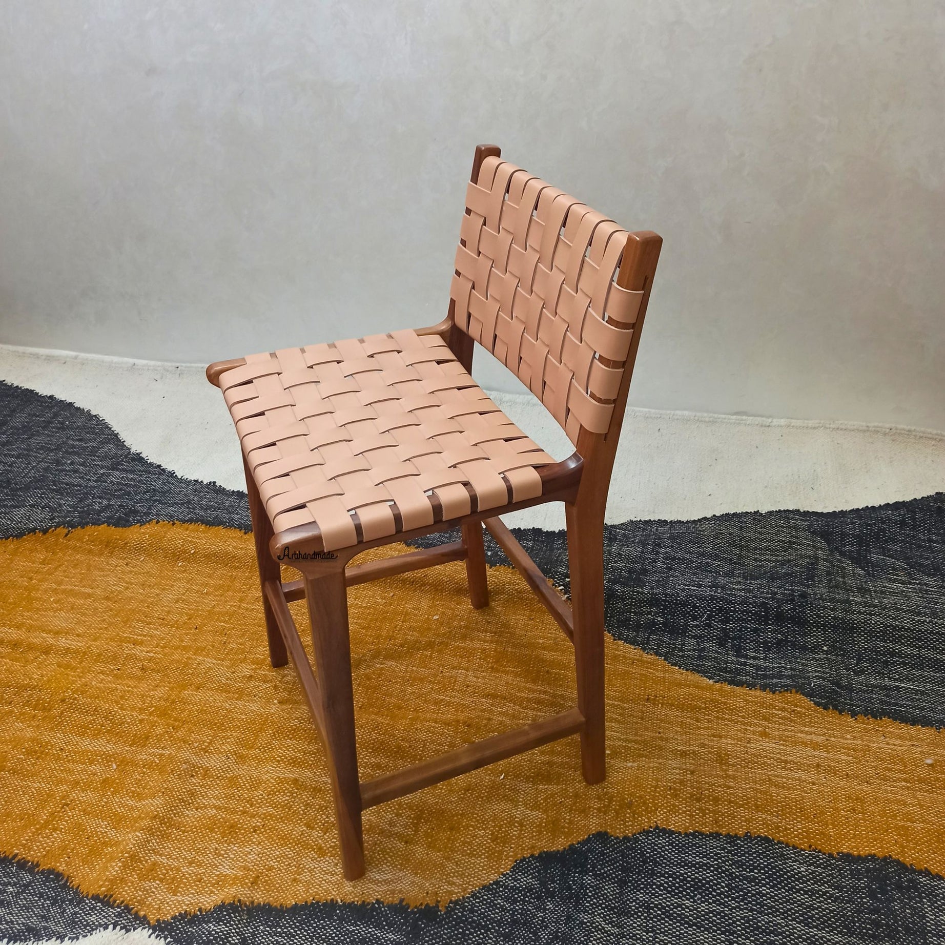 Walnut Counter Stools, Natural Teak Wood With beige Leather.