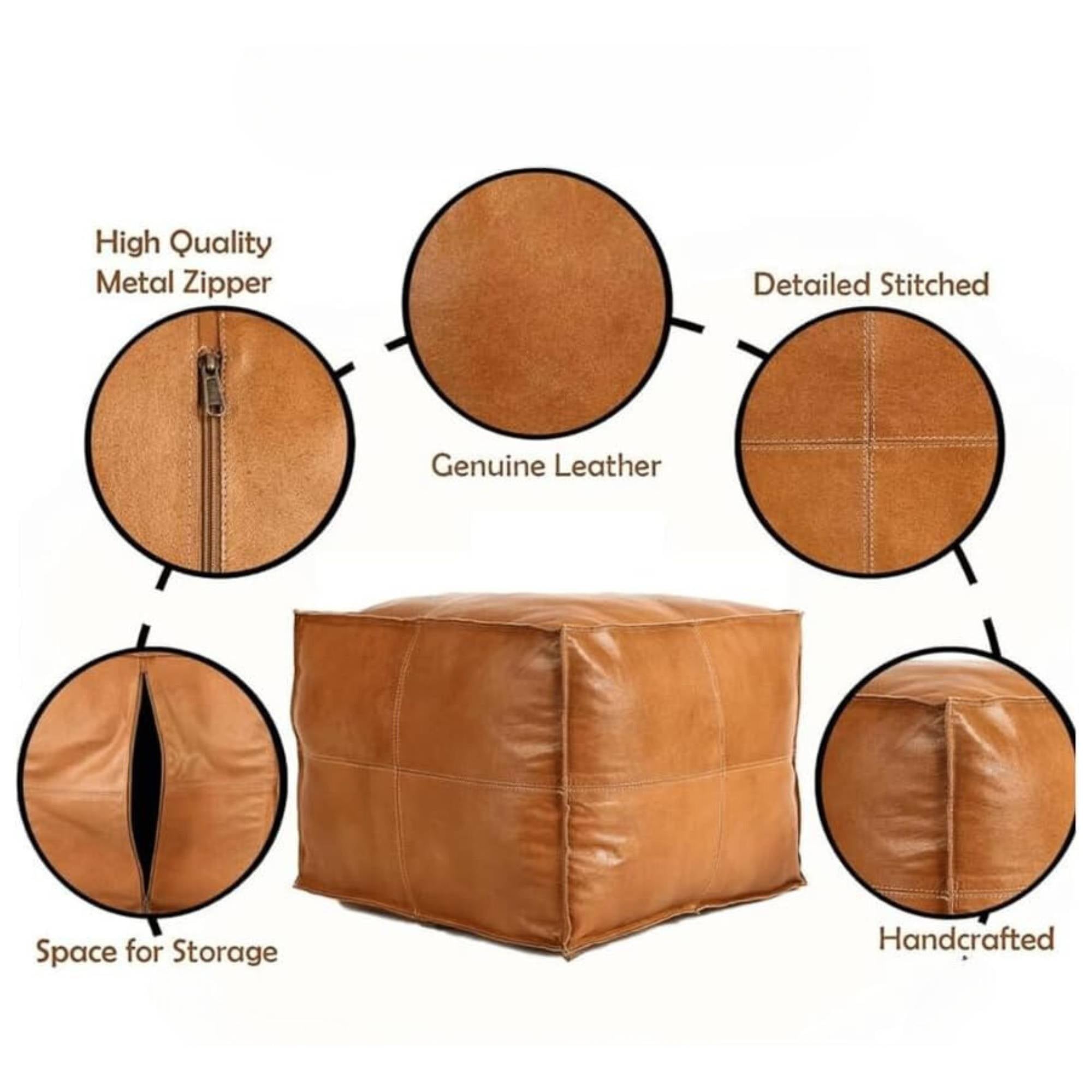 Premium Square Leather Pouf - Five Color Variations