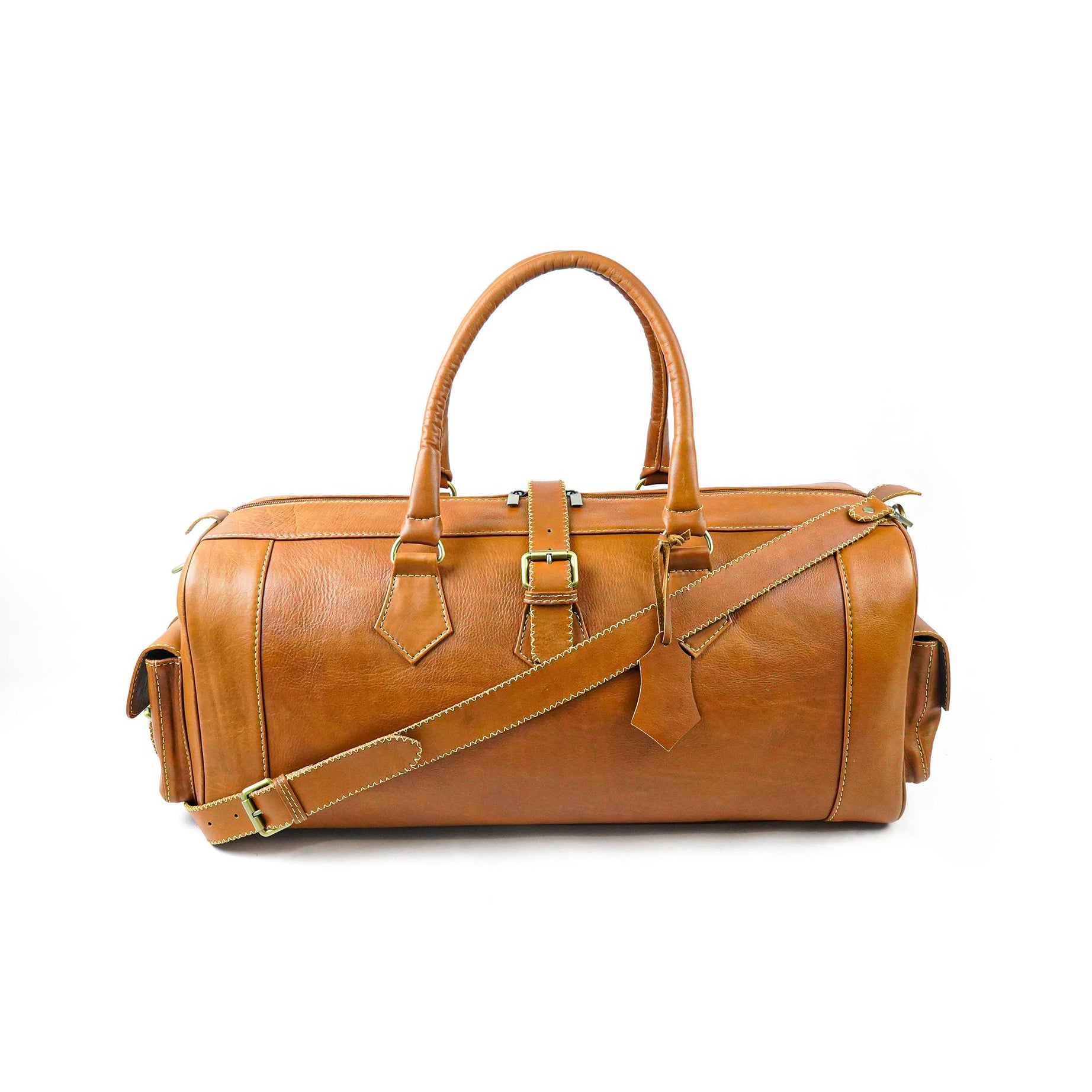 Hand Stitched Vintage Cognac Travel Leather Bag