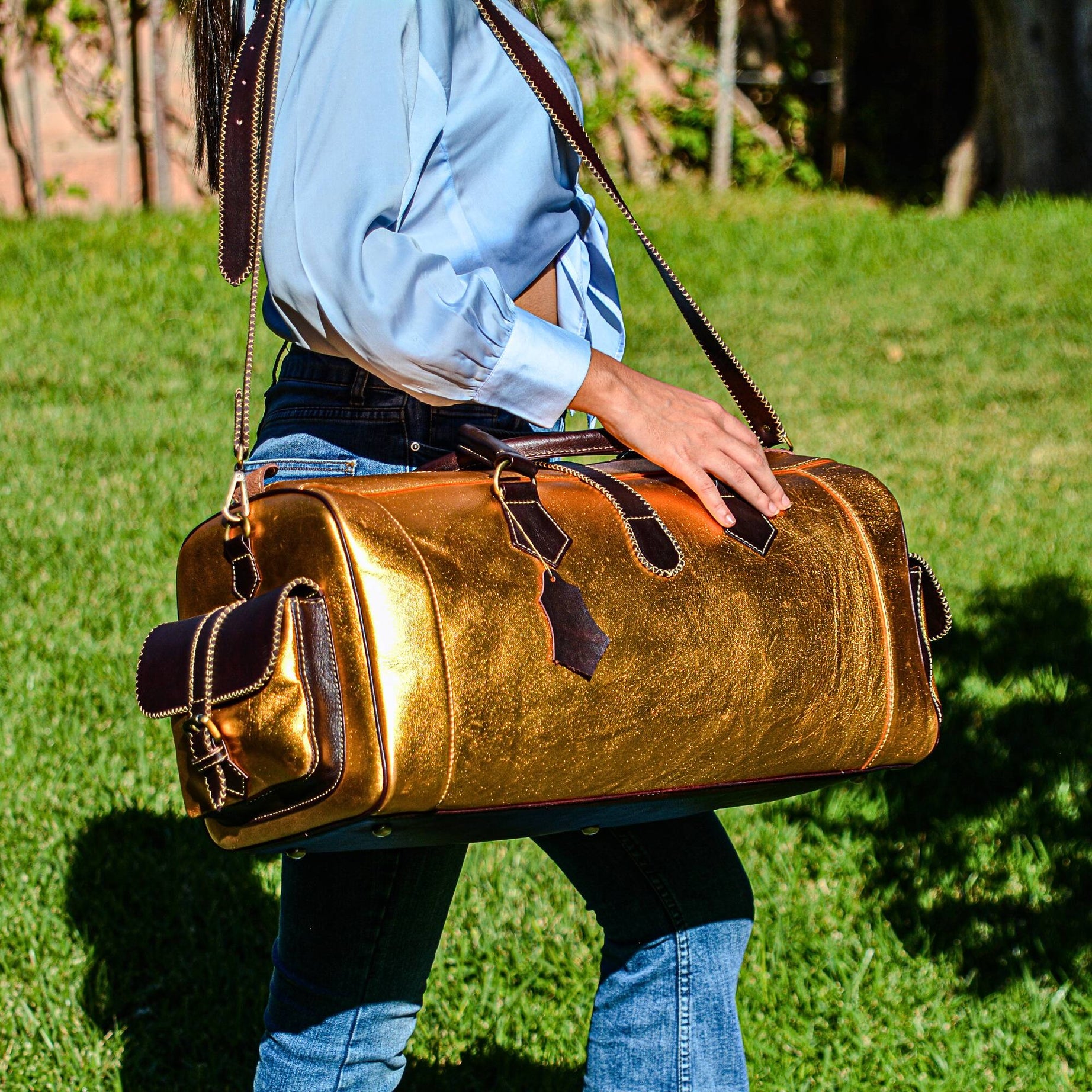 Hand Stitched Vintage Gold Travel Leather Bag