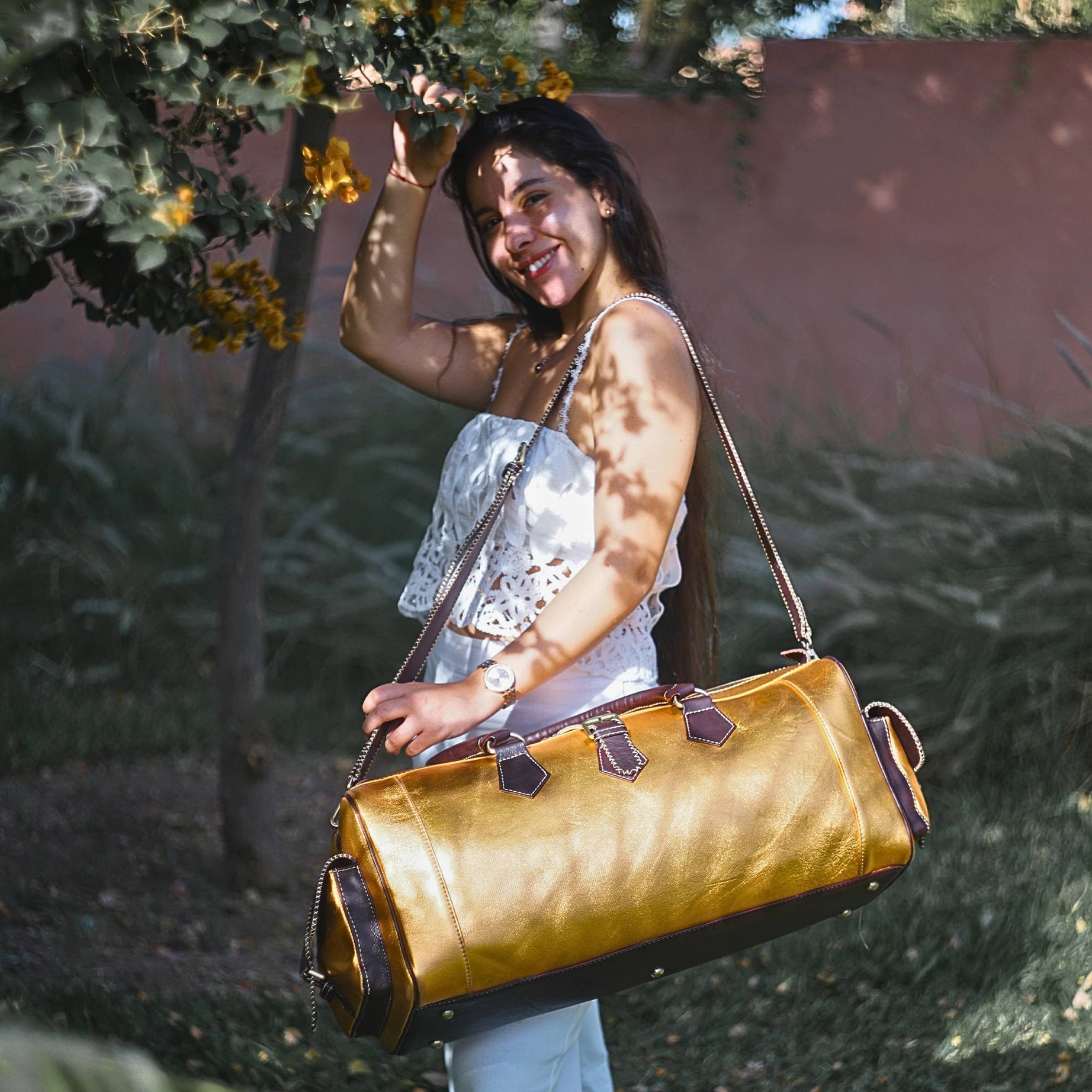 Hand Stitched Vintage Gold Travel Leather Bag