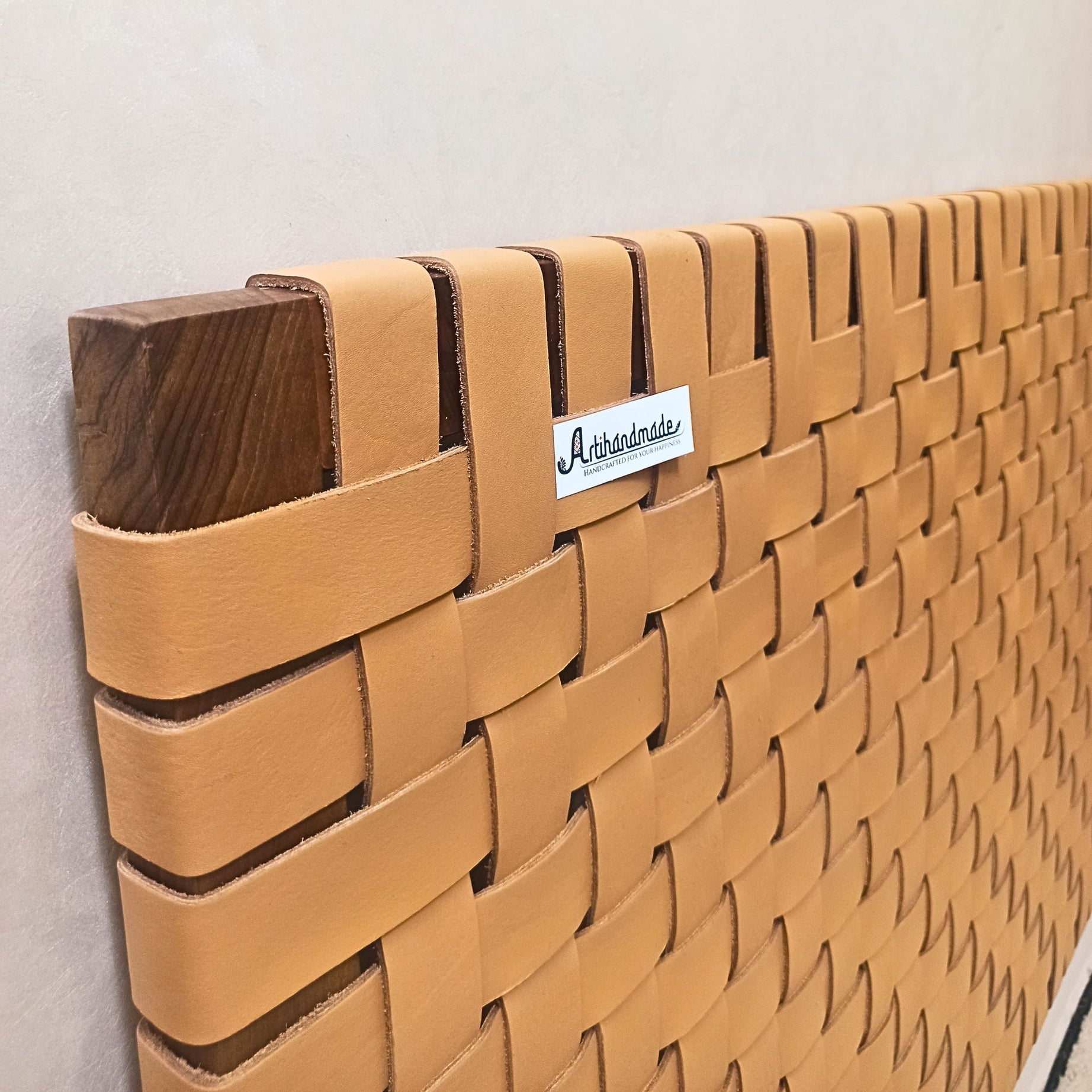 Elegant leather Headboard with Walnut Accents, Side View