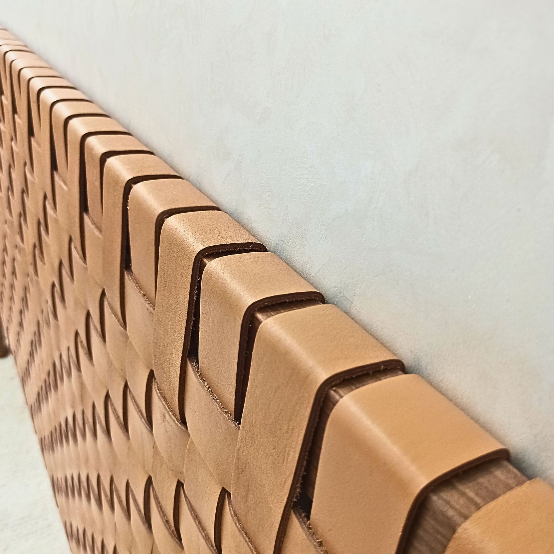 Contemporary Walnut Headboard with Leather Panel - Angled View