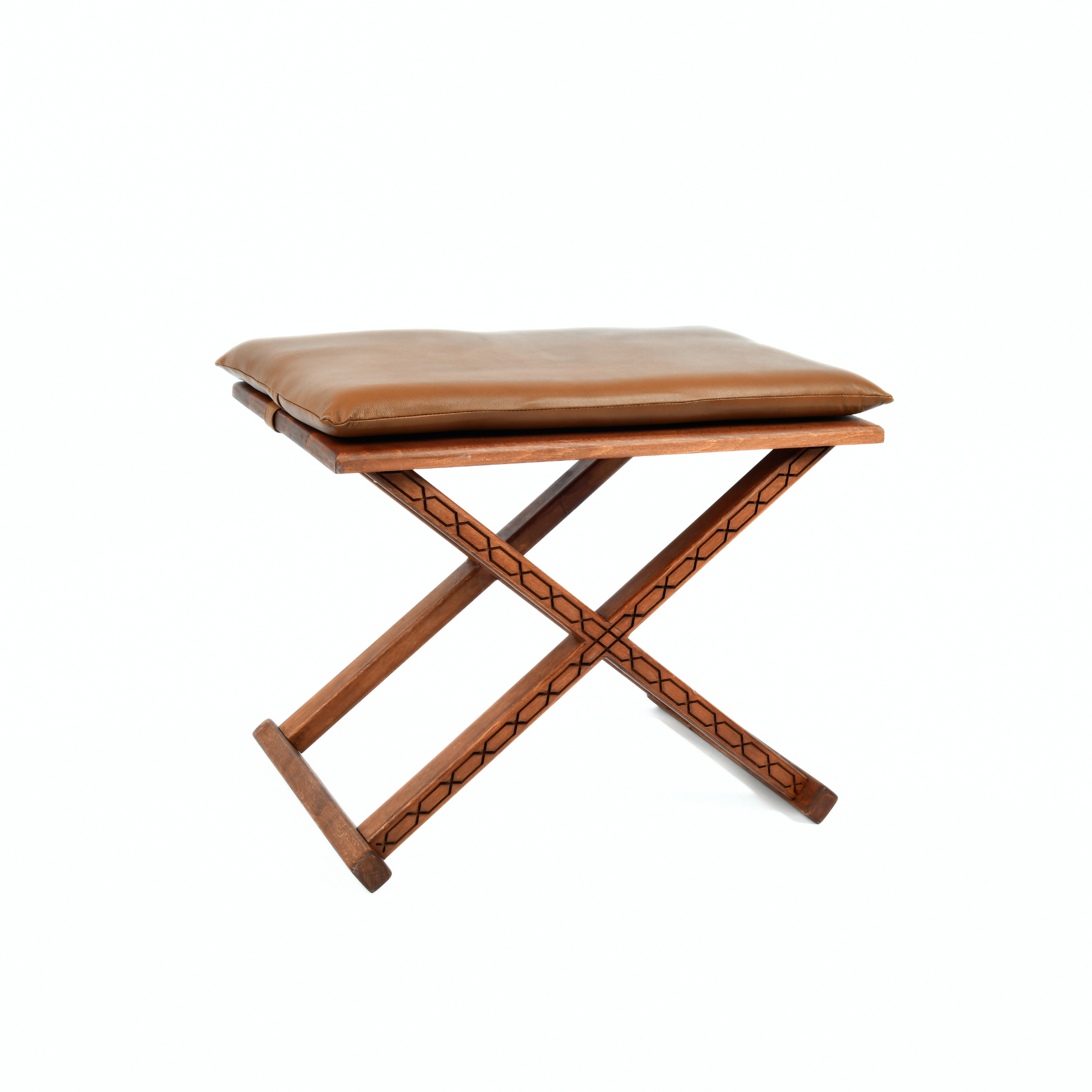 Handcrafted Brown Wood Stool With Brown Leather Cushions