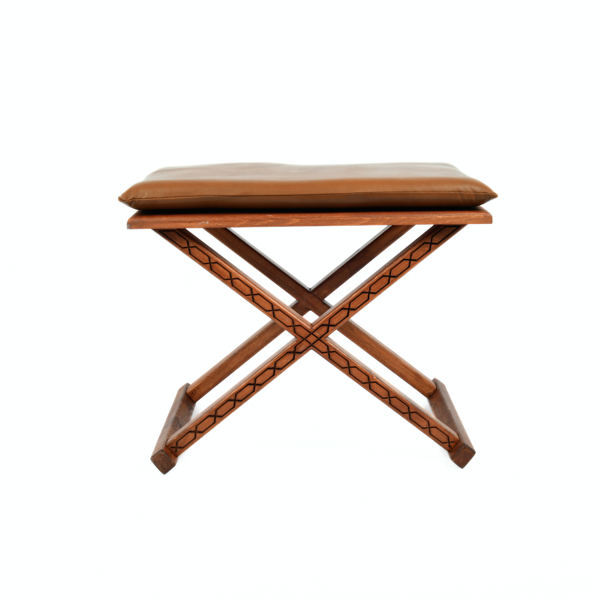 Handcrafted Brown Wood Stool With Brown Leather Cushions