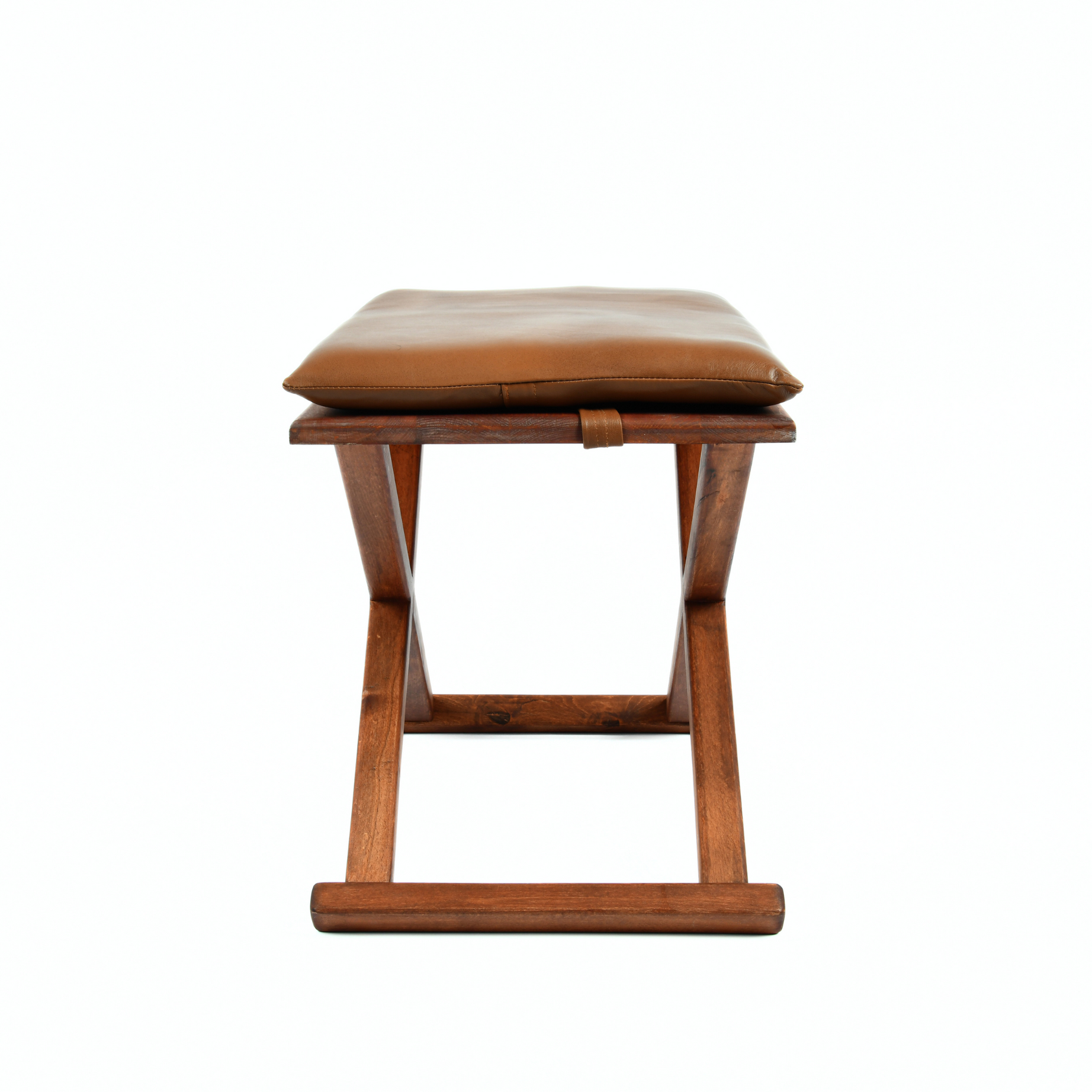 Handcrafted Brown Wood Stool With Brown Leather Cushions