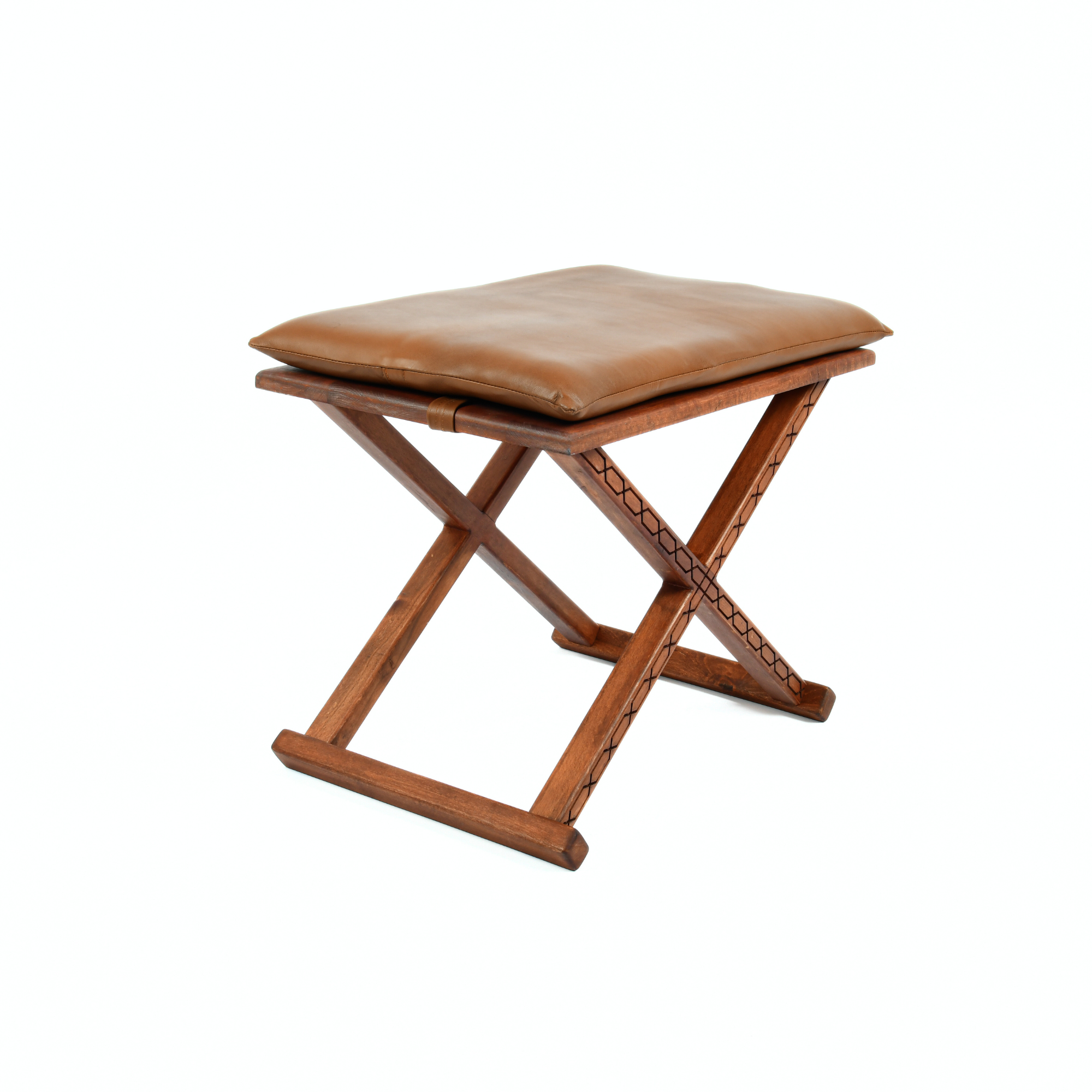 Handcrafted Brown Wood Stool With Brown Leather Cushions