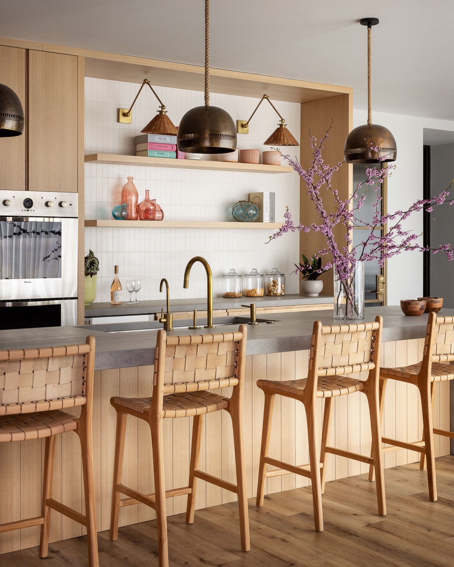 Leather Woven Strap Counter Stool - Natural Teak Wood With Beige Leather