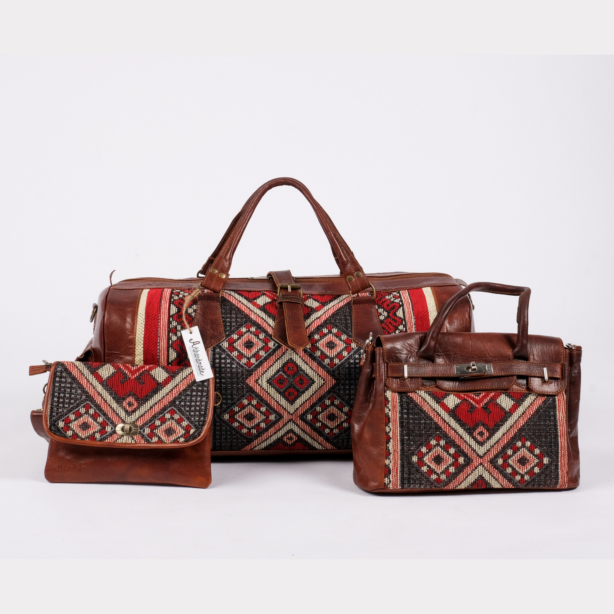 Premium Set of 3 Leather Kilim Travel Bags - Unique and Stylish