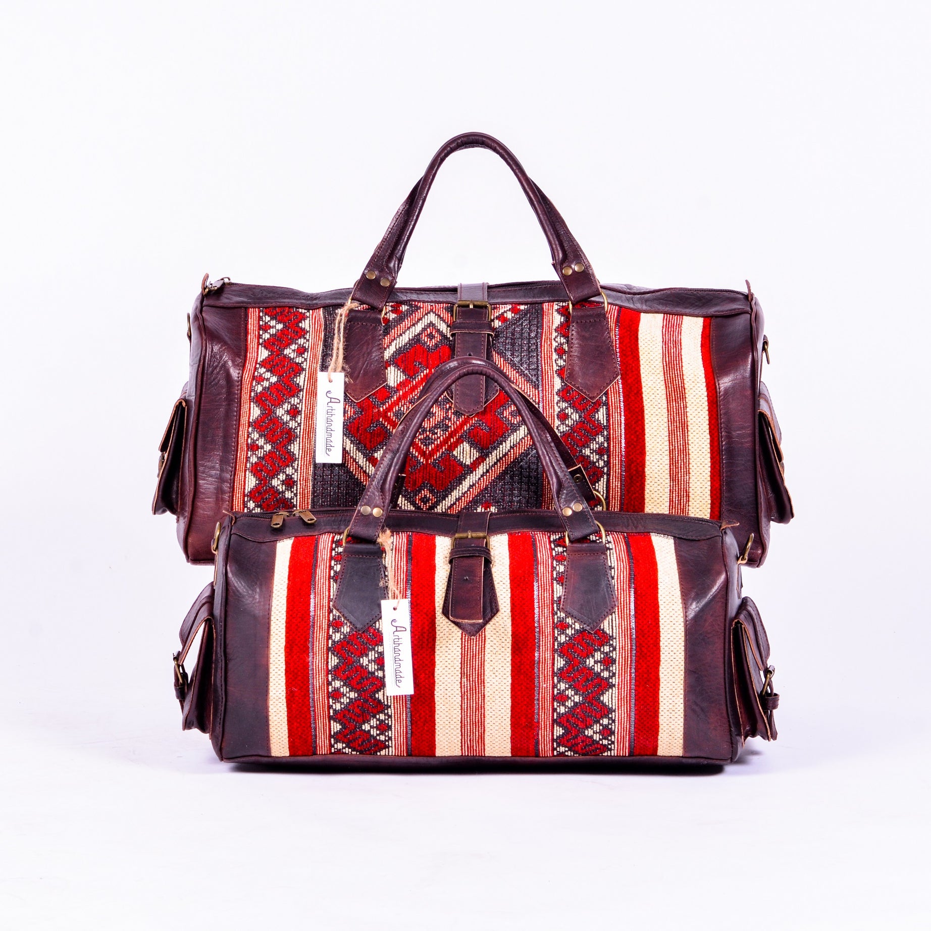 Set Of 2 Duffel Bags Kilim And Leather - Large With Medium