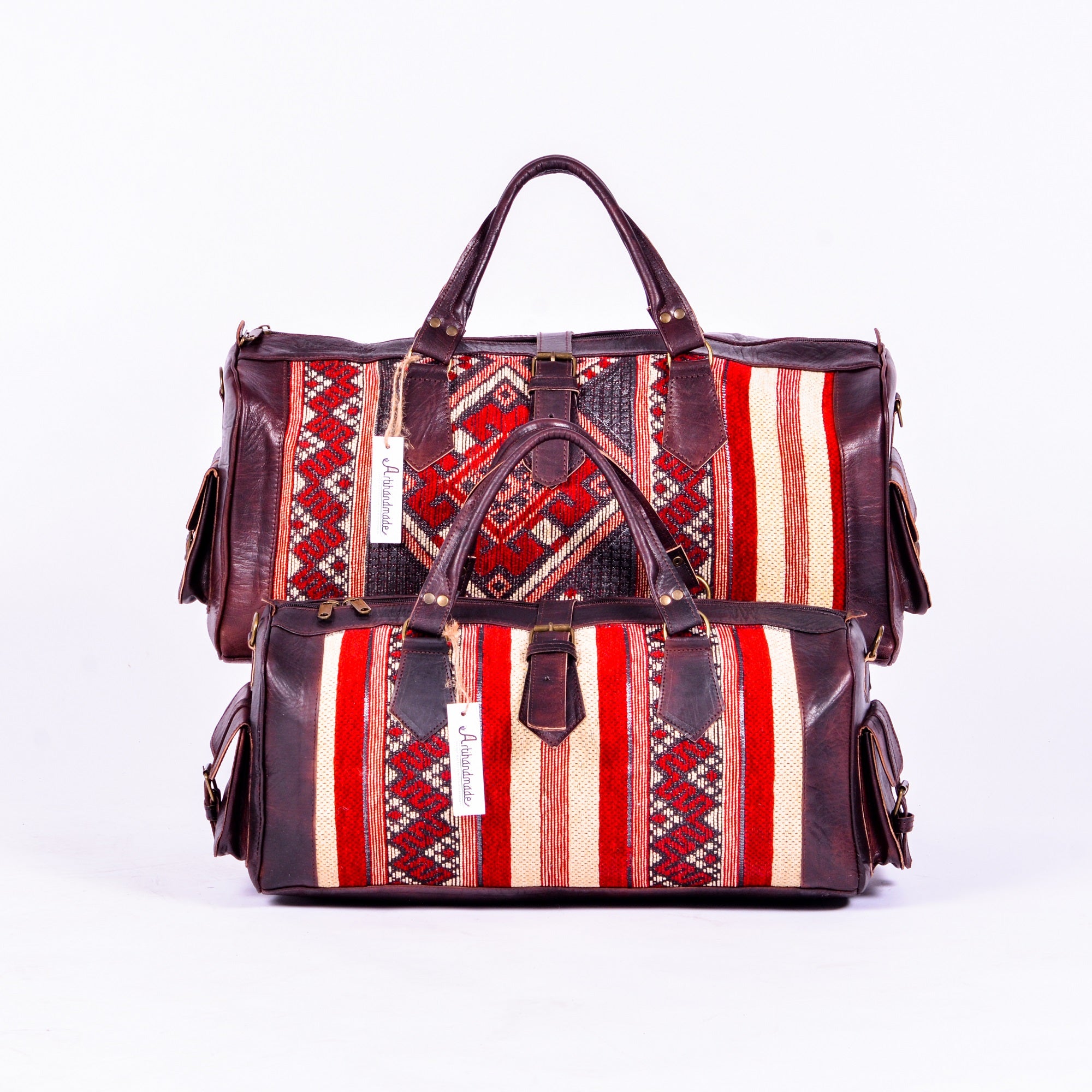 Set Of 2 Duffel Bags Kilim And Leather - Large With Medium